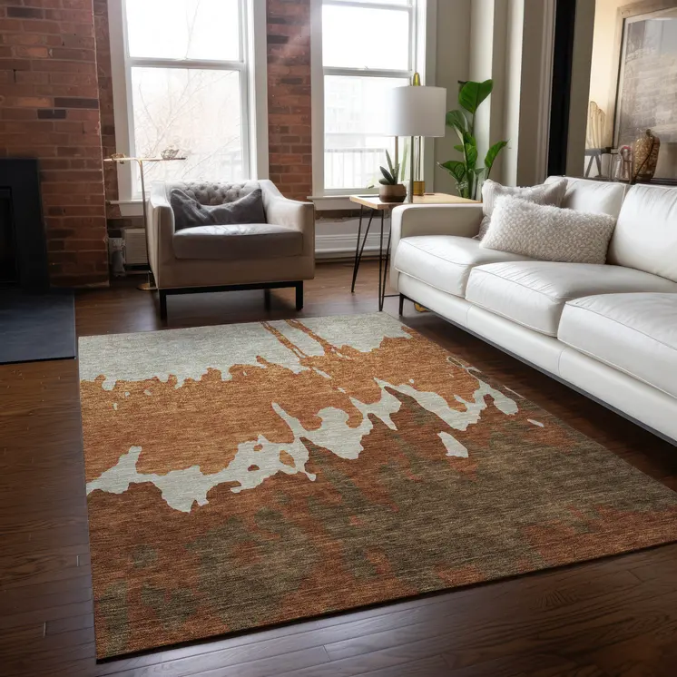 5' X 8' Orange And Brown Abstract Washable Indoor Outdoor Area Rug