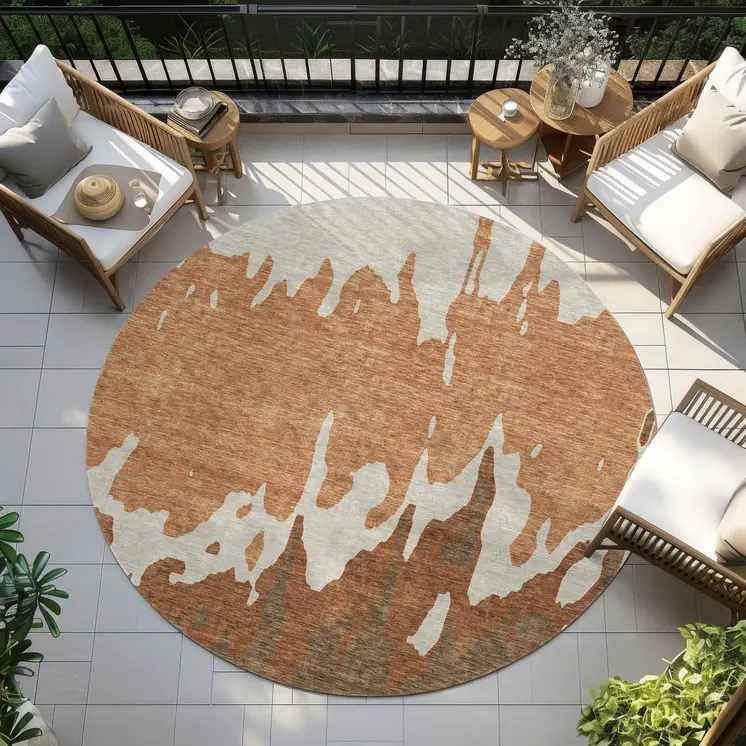 8' Orange And Brown Round Abstract Washable Indoor Outdoor Area Rug
