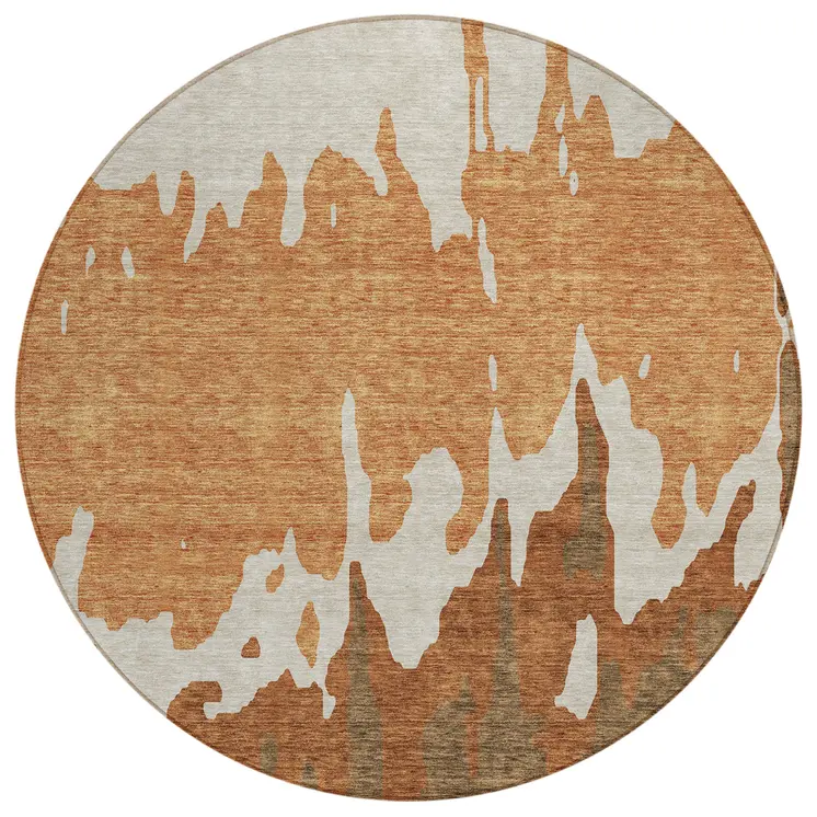 8' Orange And Brown Round Abstract Washable Indoor Outdoor Area Rug