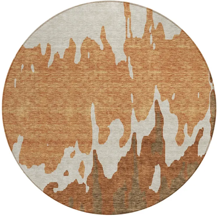 8' Orange And Brown Round Abstract Washable Indoor Outdoor Area Rug