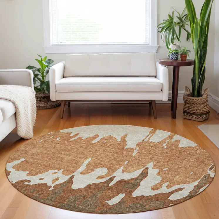 8' Orange And Brown Round Abstract Washable Indoor Outdoor Area Rug