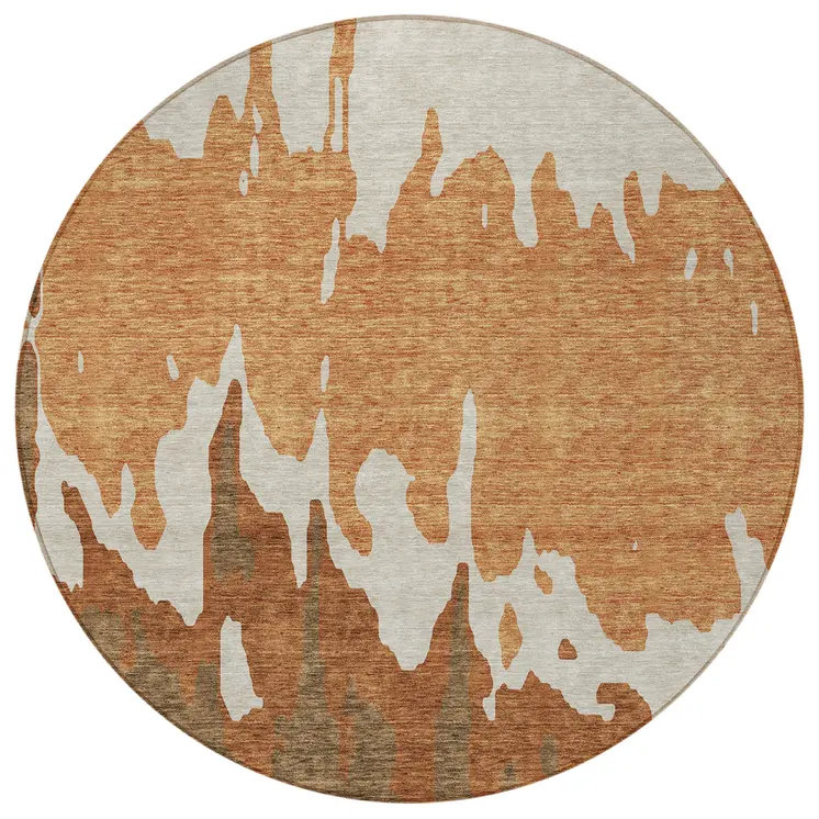 8' Orange And Brown Round Abstract Washable Indoor Outdoor Area Rug