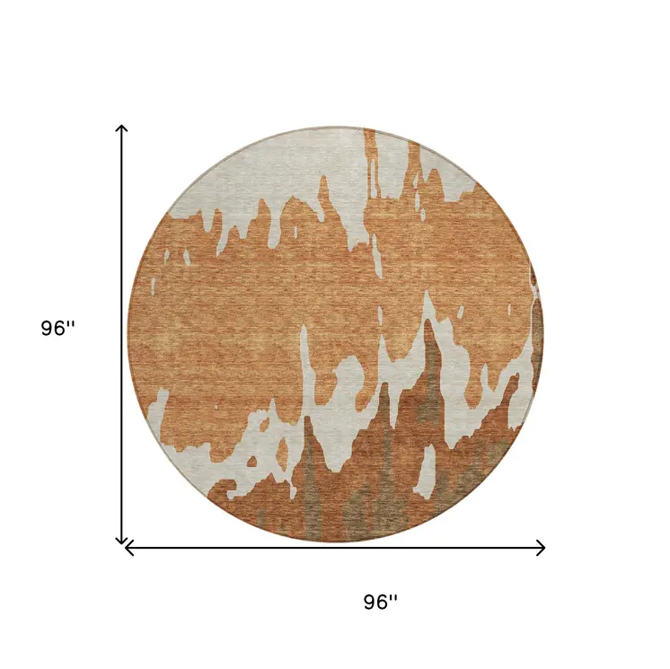 8' Orange And Brown Round Abstract Washable Indoor Outdoor Area Rug
