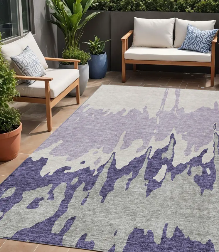 5' X 8' Purple And Ivory Abstract Washable Indoor Outdoor Area Rug