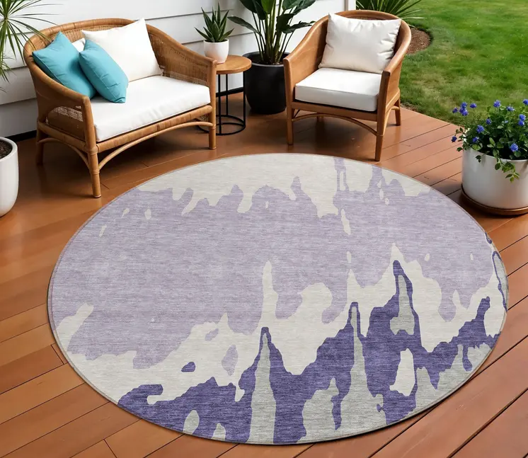 8' Purple And Ivory Round Abstract Washable Indoor Outdoor Area Rug