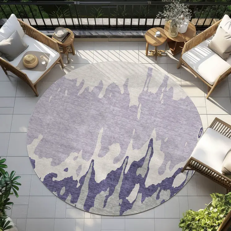 8' Purple And Ivory Round Abstract Washable Indoor Outdoor Area Rug
