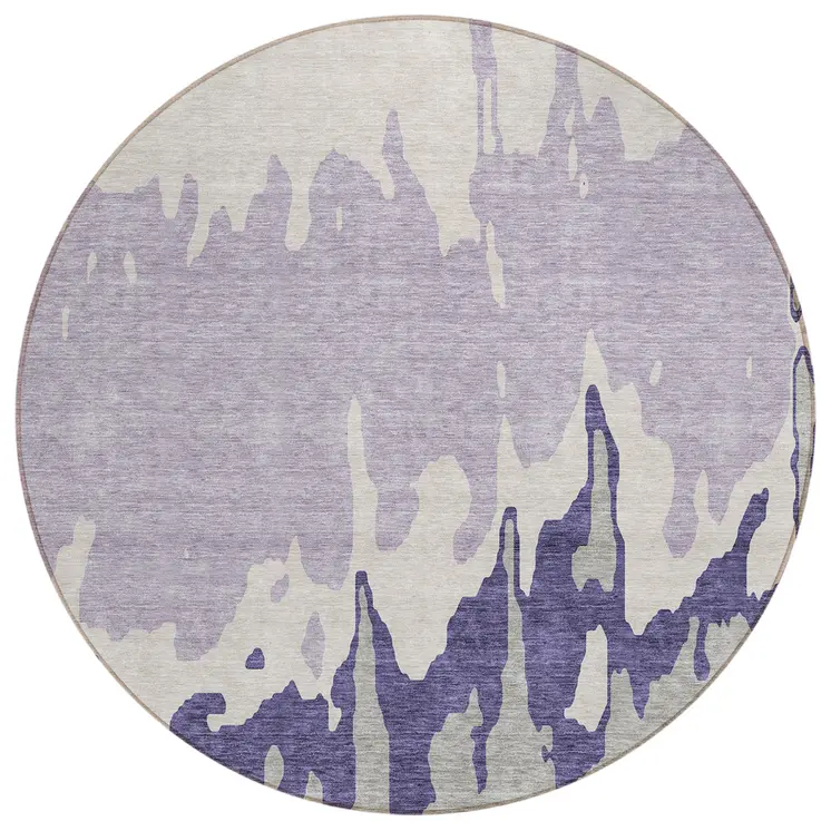 8' Purple And Ivory Round Abstract Washable Indoor Outdoor Area Rug
