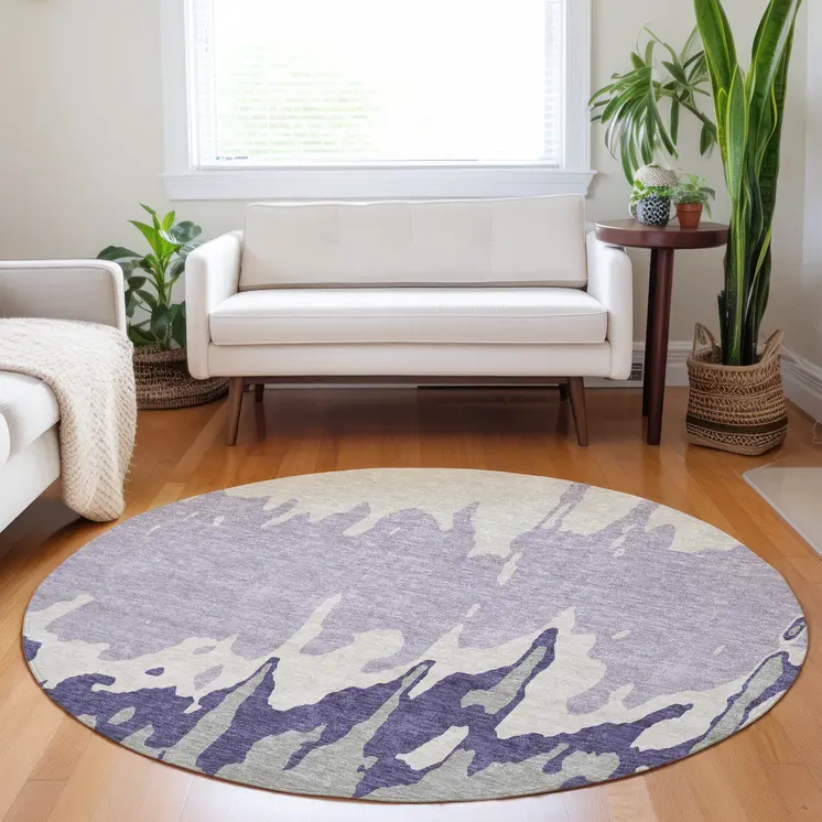 8' Purple And Ivory Round Abstract Washable Indoor Outdoor Area Rug