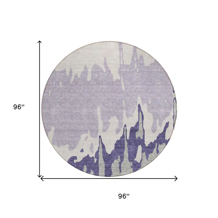 8' Purple And Ivory Round Abstract Washable Indoor Outdoor Area Rug