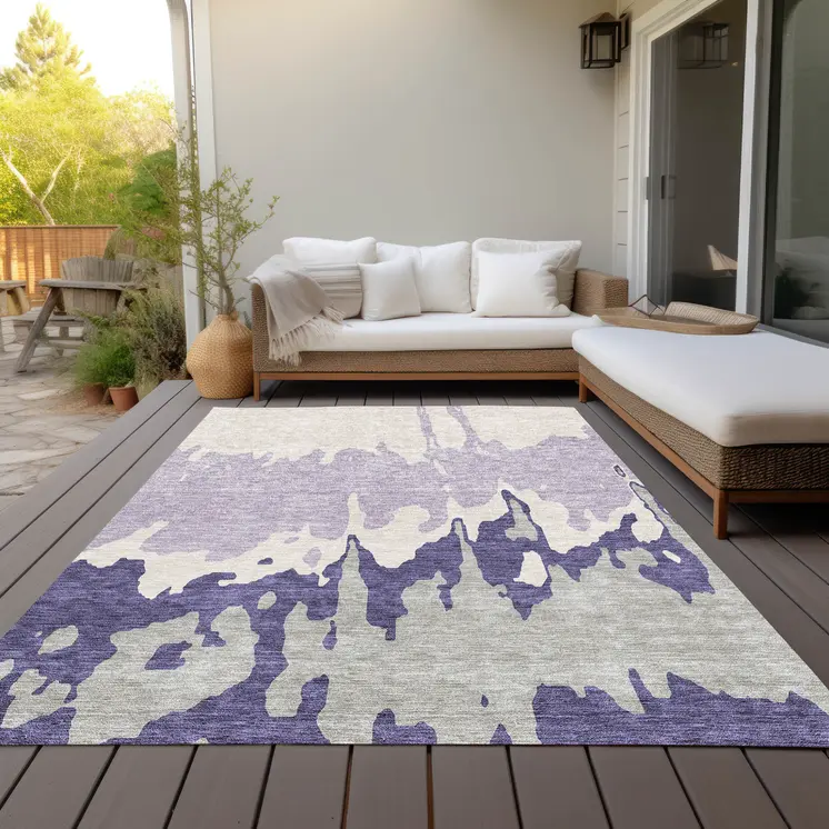 10' X 14' Purple And Ivory Abstract Washable Indoor Outdoor Area Rug