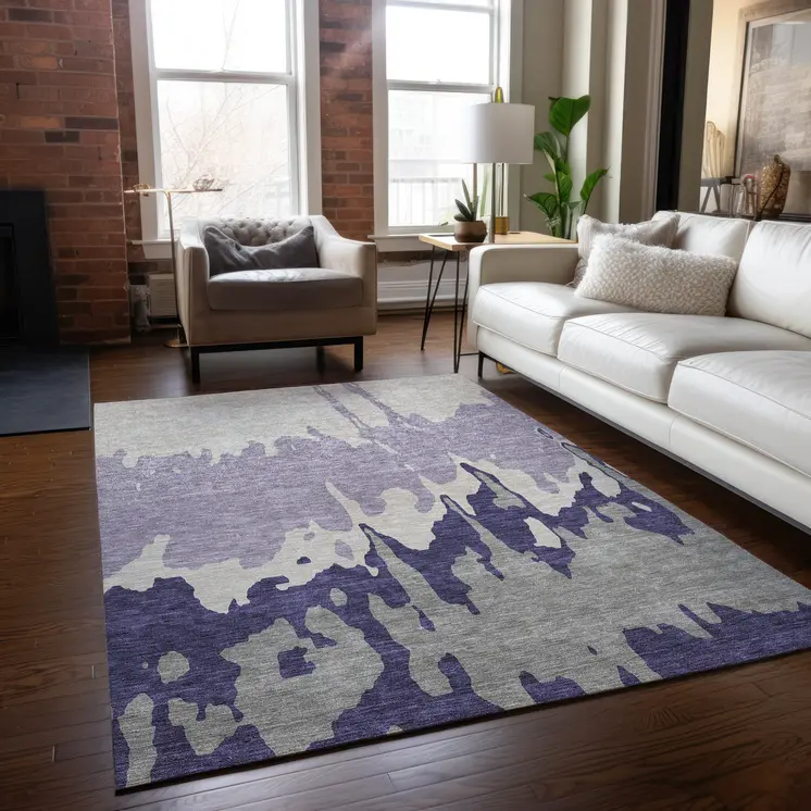 10' X 14' Purple And Ivory Abstract Washable Indoor Outdoor Area Rug
