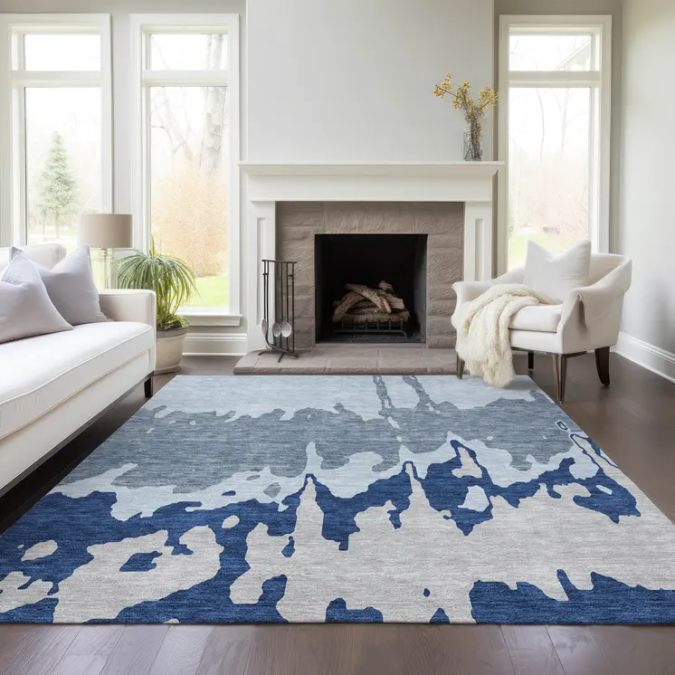 5' X 8' Sky Blue And Denim Blue Abstract Washable Indoor Outdoor Area Rug