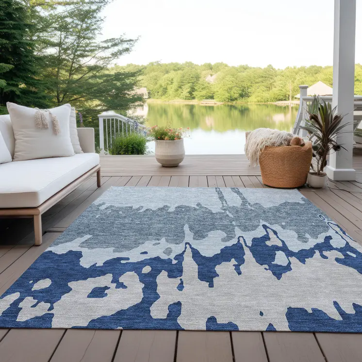5' X 8' Sky Blue And Denim Blue Abstract Washable Indoor Outdoor Area Rug