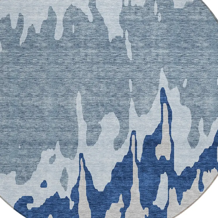 8' Sky Blue And Denim Blue Round Abstract Washable Indoor Outdoor Area Rug