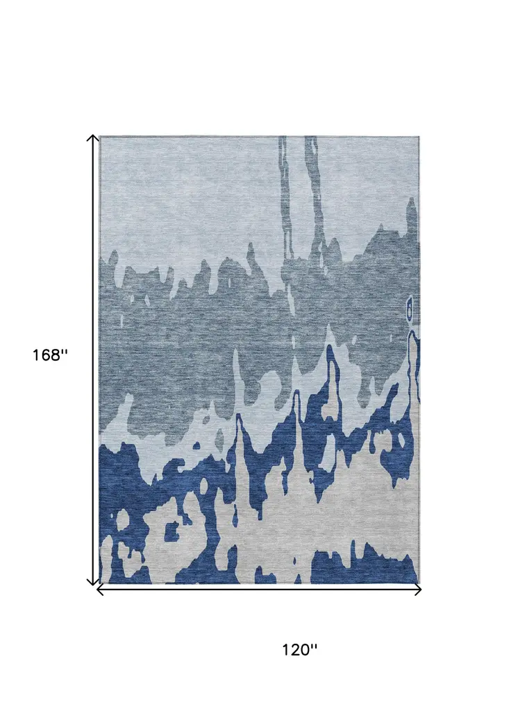 10' X 14' Sky Blue And Denim Blue Abstract Washable Indoor Outdoor Area Rug