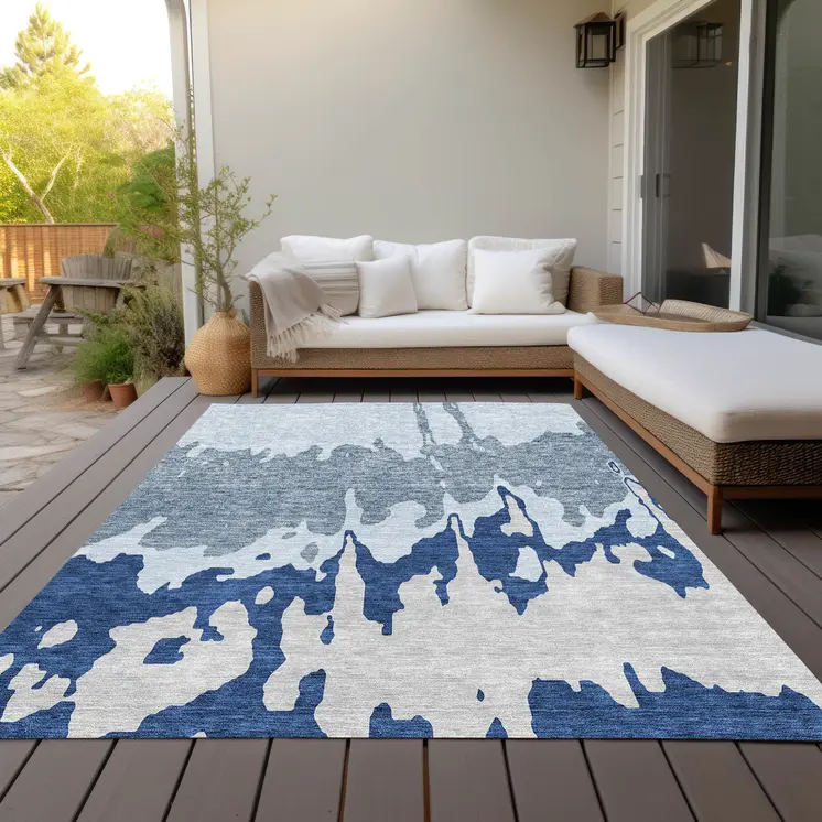10' X 14' Sky Blue And Denim Blue Abstract Washable Indoor Outdoor Area Rug