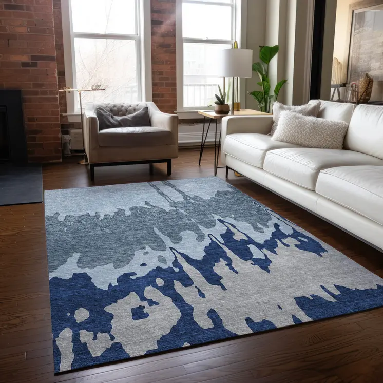 10' X 14' Sky Blue And Denim Blue Abstract Washable Indoor Outdoor Area Rug