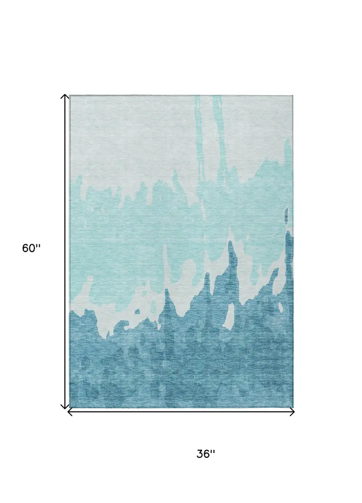 3' X 5' Teal Blue And Aqua Abstract Washable Indoor Outdoor Area Rug
