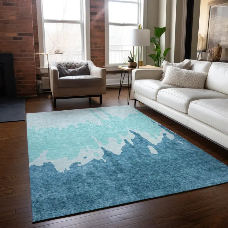 3' X 5' Teal Blue And Aqua Abstract Washable Indoor Outdoor Area Rug