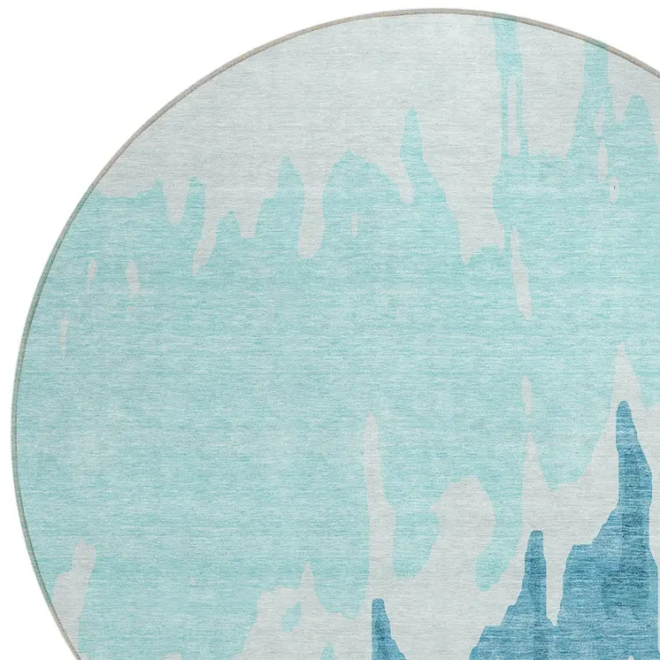 8' Teal Blue And Aqua Round Abstract Washable Indoor Outdoor Area Rug