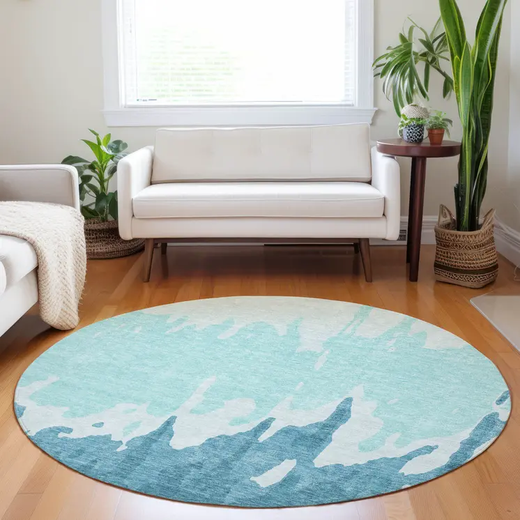 8' Teal Blue And Aqua Round Abstract Washable Indoor Outdoor Area Rug