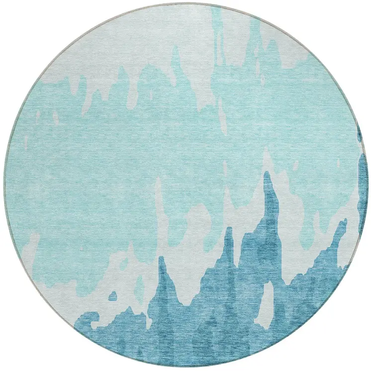 8' Teal Blue And Aqua Round Abstract Washable Indoor Outdoor Area Rug