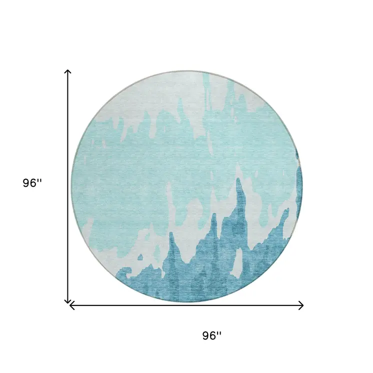 8' Teal Blue And Aqua Round Abstract Washable Indoor Outdoor Area Rug