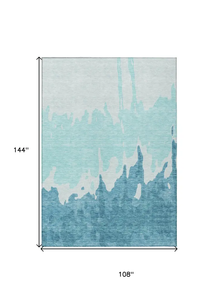 9' X 12' Teal Blue And Aqua Abstract Washable Indoor Outdoor Area Rug