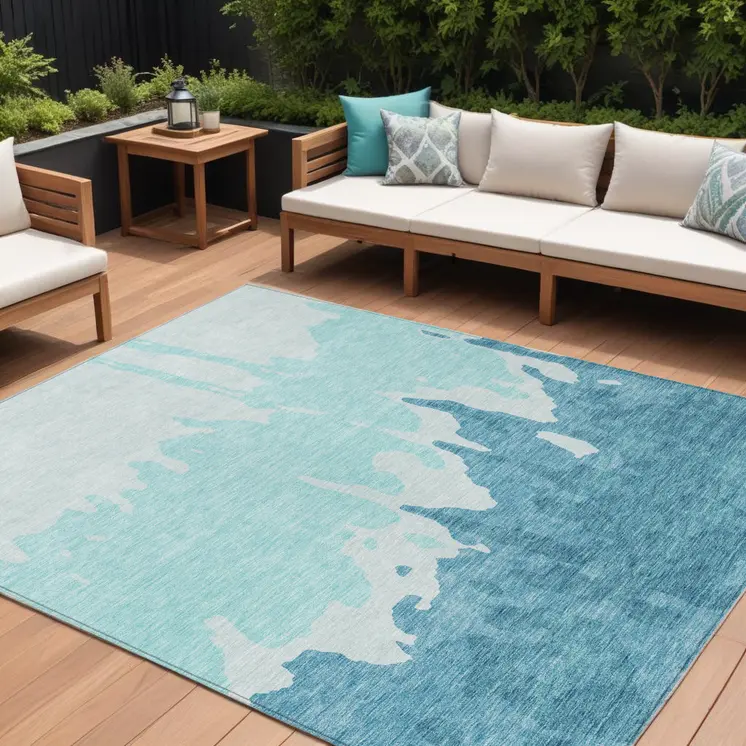 10' X 14' Teal Blue And Aqua Abstract Washable Indoor Outdoor Area Rug