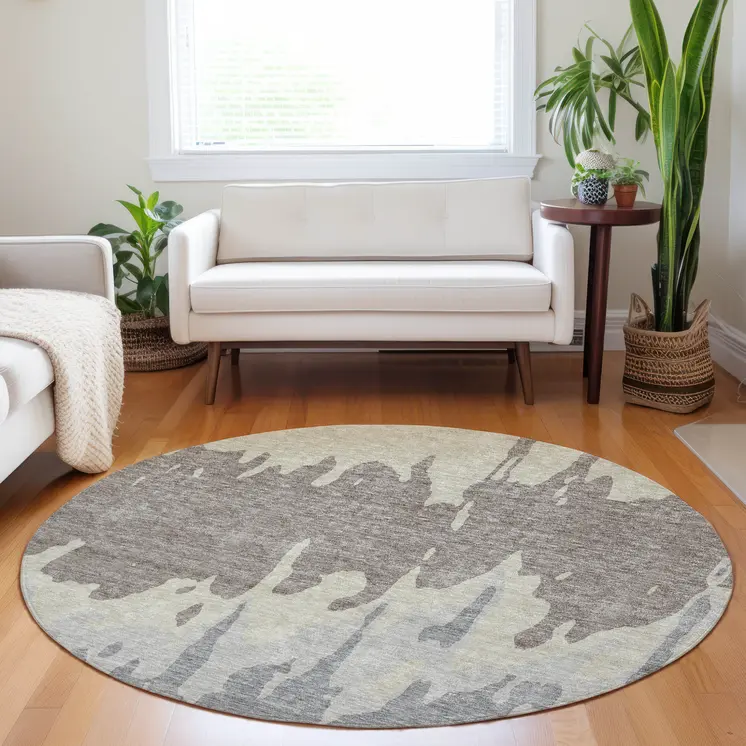 8' Taupe And Beige Round Abstract Washable Indoor Outdoor Area Rug