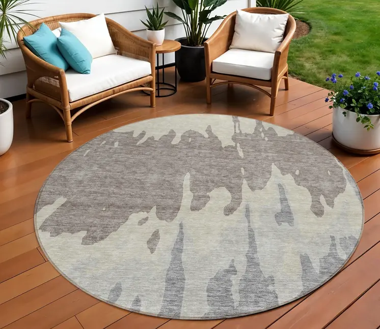 8' Taupe And Beige Round Abstract Washable Indoor Outdoor Area Rug