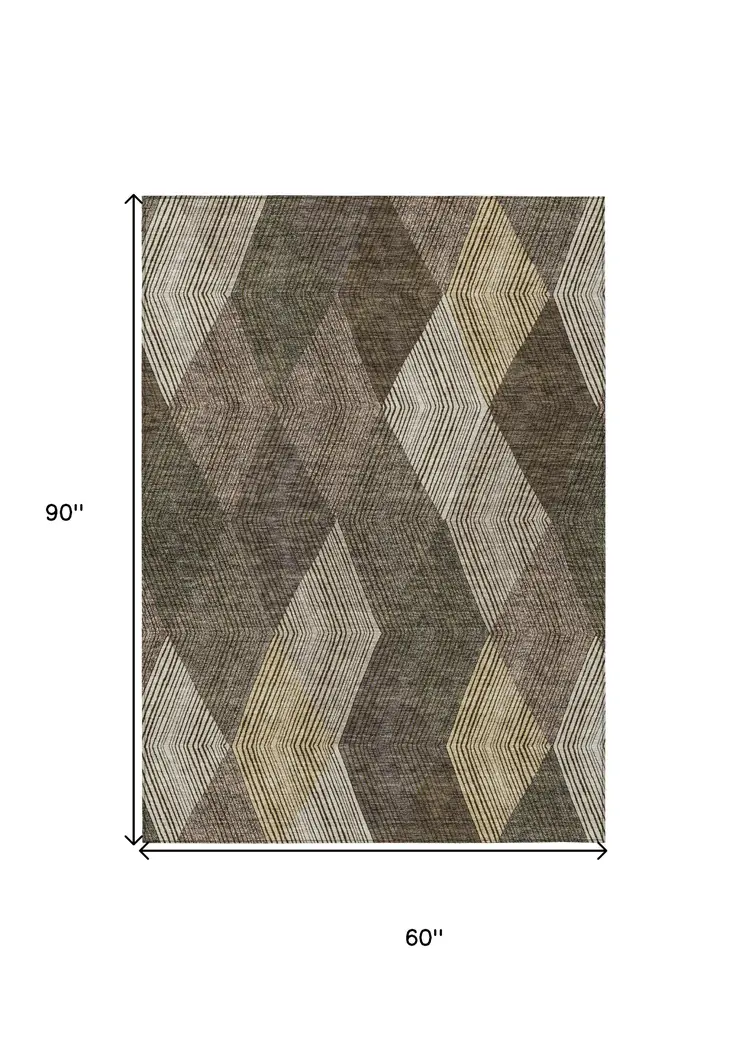 5' X 8' Brown Beige And Gold Argyle Washable Indoor Outdoor Area Rug