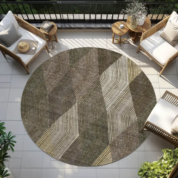 8' Brown Beige And Gold Round Argyle Washable Indoor Outdoor Area Rug