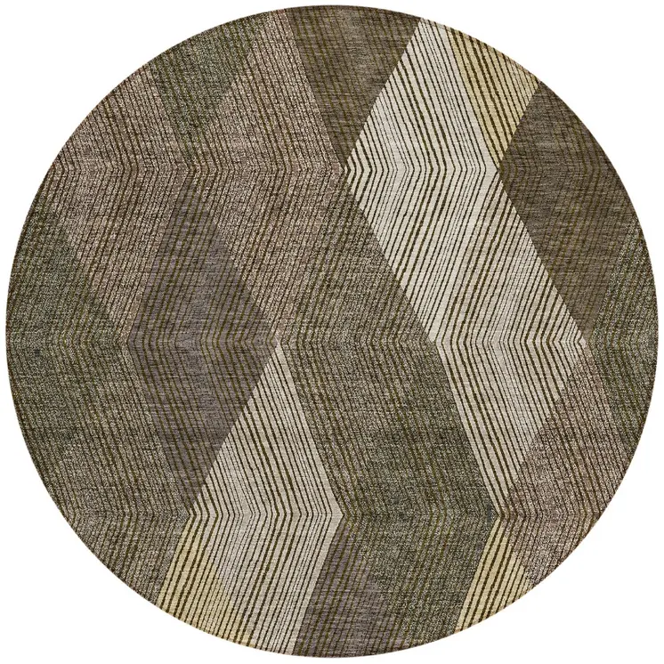 8' Brown Beige And Gold Round Argyle Washable Indoor Outdoor Area Rug