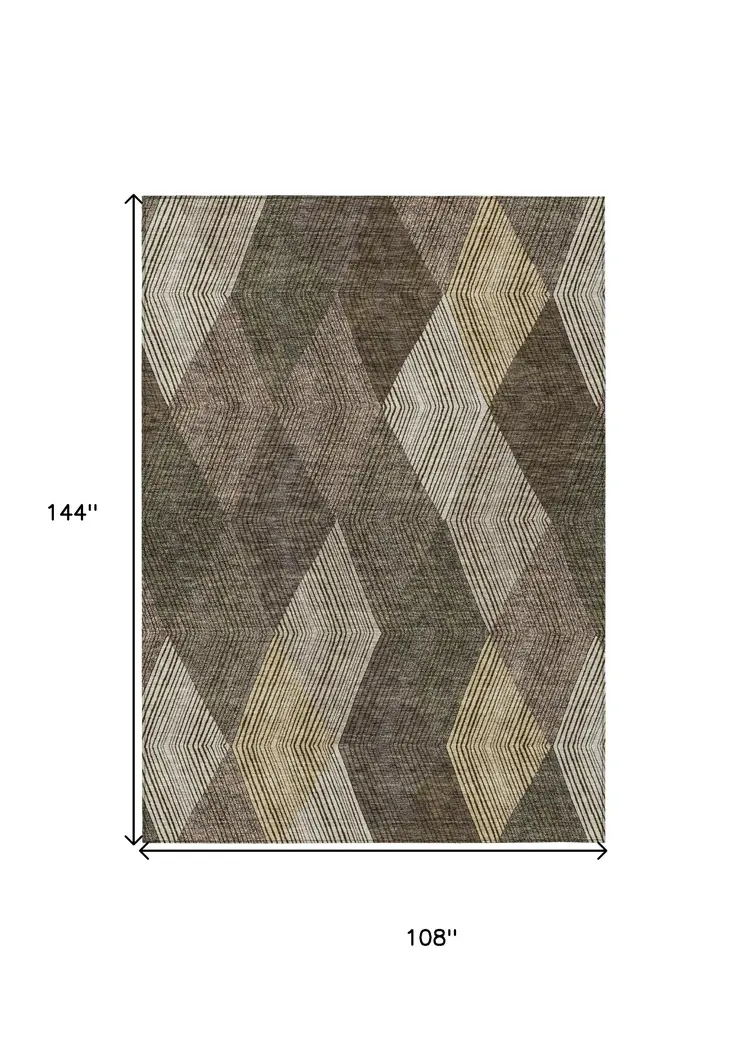 9' X 12' Brown Beige And Gold Argyle Washable Indoor Outdoor Area Rug