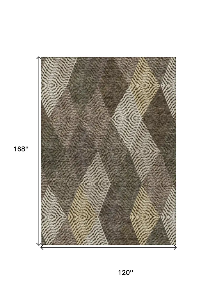 10' X 14' Brown Beige And Gold Argyle Washable Indoor Outdoor Area Rug