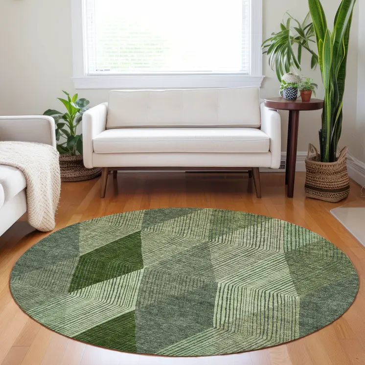 8' Green Mint Green And Sage Round Argyle Washable Indoor Outdoor Area Rug