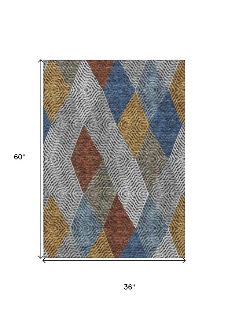 3' X 5' Gray Gold And Blue Argyle Washable Indoor Outdoor Area Rug