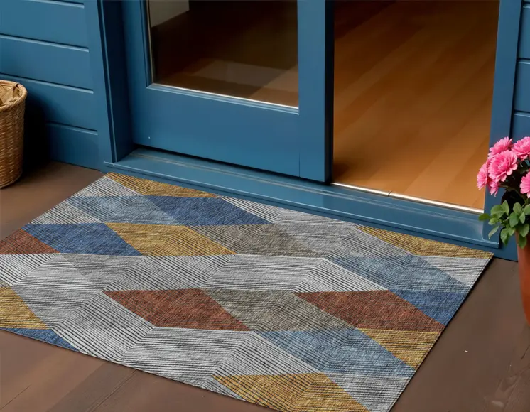 3' X 5' Gray Gold And Blue Argyle Washable Indoor Outdoor Area Rug