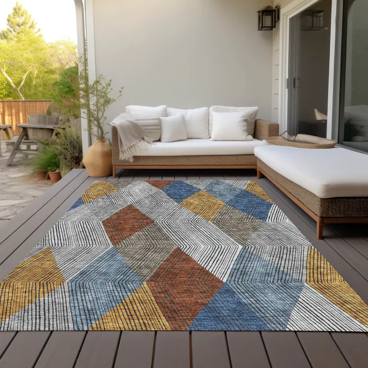 3' X 5' Gray Gold And Blue Argyle Washable Indoor Outdoor Area Rug