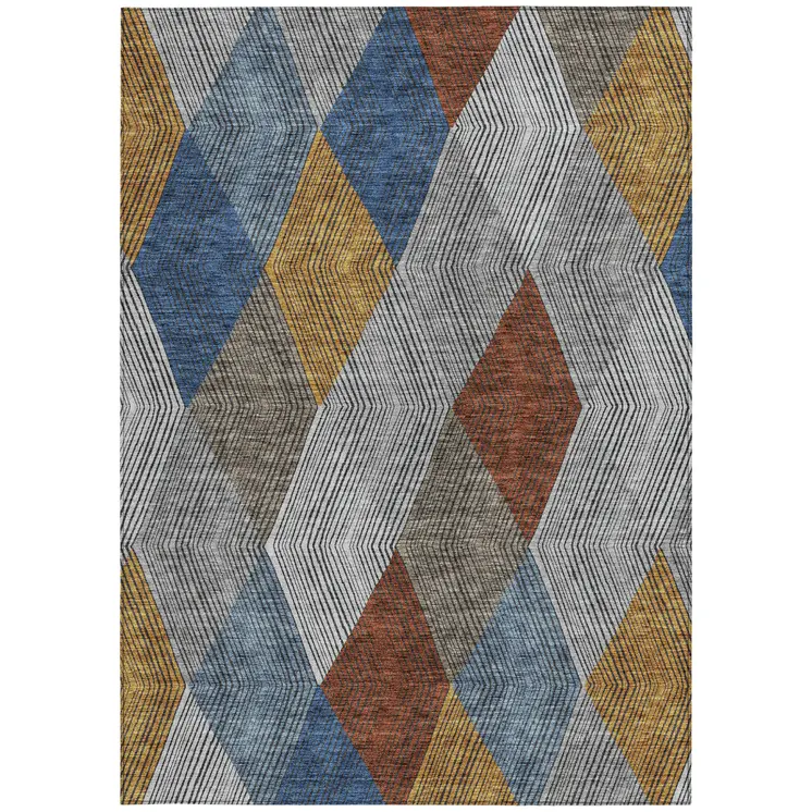 5' X 8' Gray Gold And Blue Argyle Washable Indoor Outdoor Area Rug