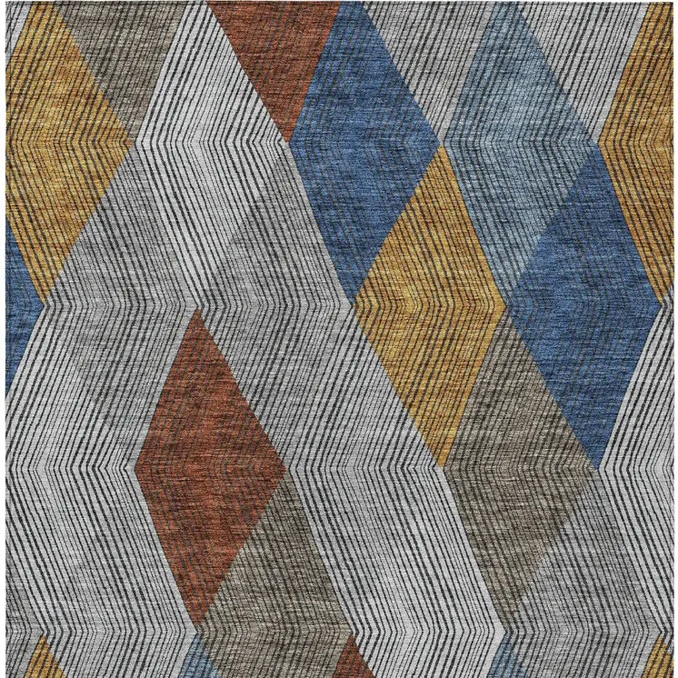 5' X 8' Gray Gold And Blue Argyle Washable Indoor Outdoor Area Rug