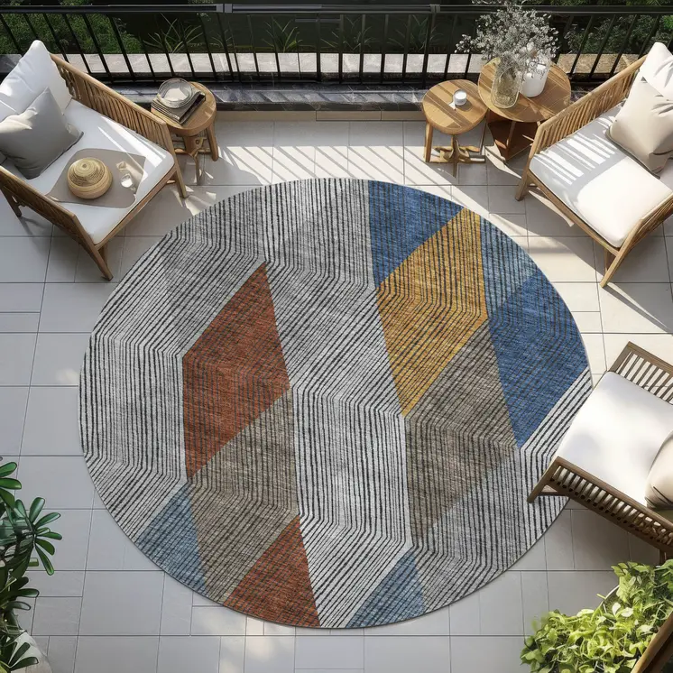 8' Gray Gold And Blue Round Argyle Washable Indoor Outdoor Area Rug