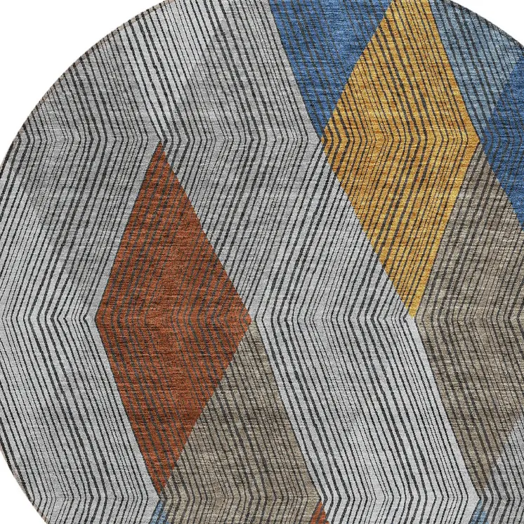 8' Gray Gold And Blue Round Argyle Washable Indoor Outdoor Area Rug