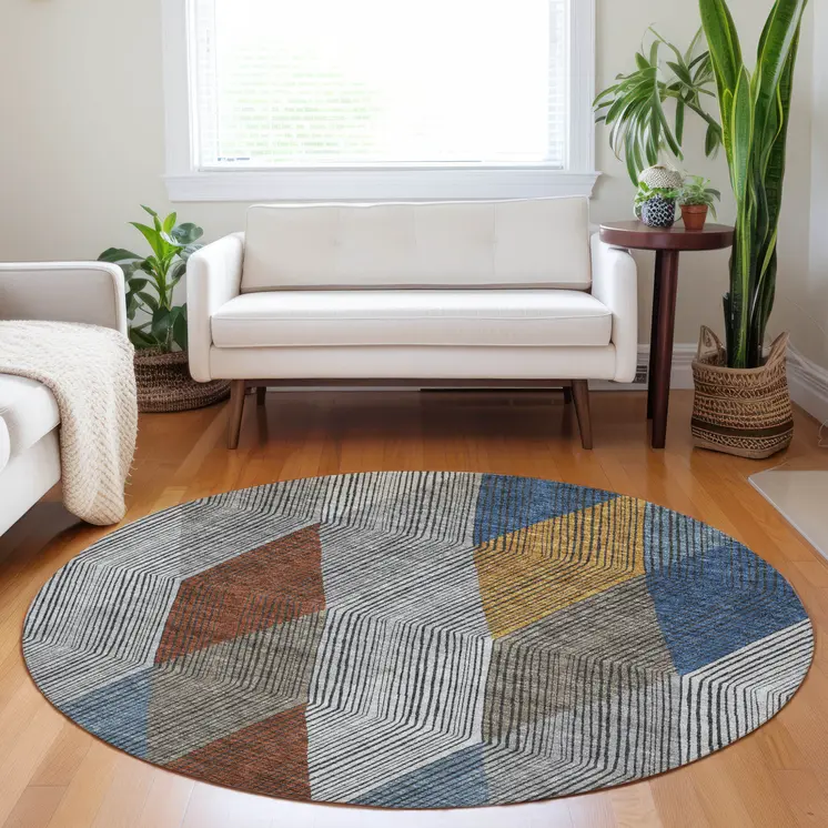 8' Gray Gold And Blue Round Argyle Washable Indoor Outdoor Area Rug