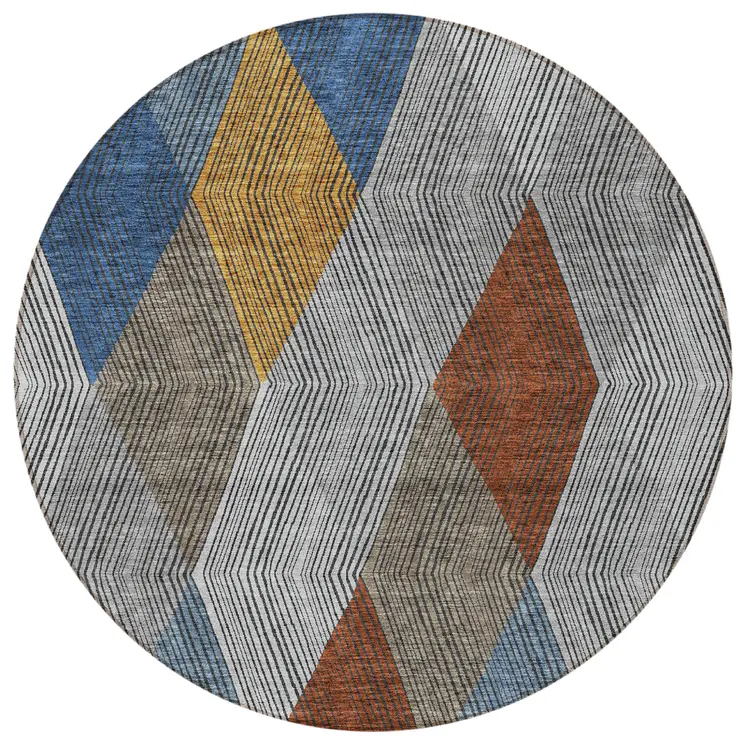 8' Gray Gold And Blue Round Argyle Washable Indoor Outdoor Area Rug