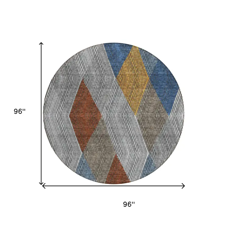 8' Gray Gold And Blue Round Argyle Washable Indoor Outdoor Area Rug
