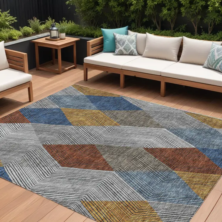 8' X 10' Gray Gold And Blue Argyle Washable Indoor Outdoor Area Rug
