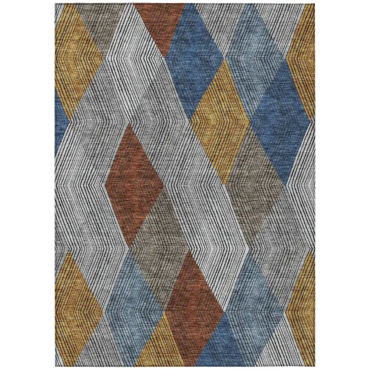 8' X 10' Gray Gold And Blue Argyle Washable Indoor Outdoor Area Rug
