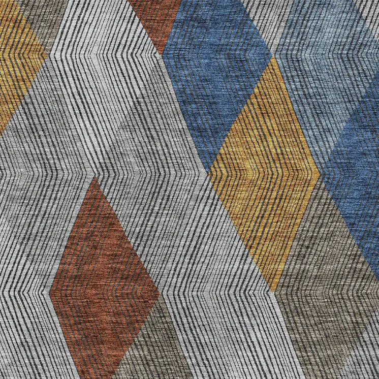 8' X 10' Gray Gold And Blue Argyle Washable Indoor Outdoor Area Rug